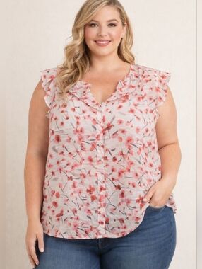 Cabi Floral Ruffle Blouse XL Pink Sheer Lyocell Boho Romantic Top